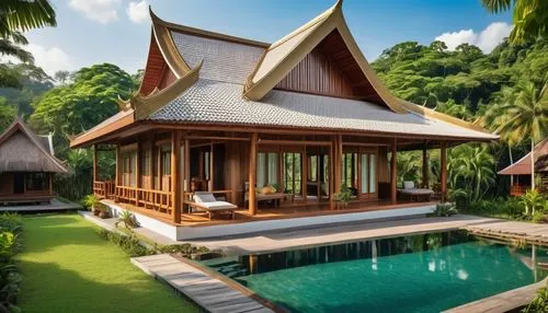 holiday villa,tropical house,pool house,bali,ubud,luxury property,thailand,thai,chalet,southeast asia,eco hotel,beautiful home,indonesia,wooden house,phuket,asian architecture,private house,luxury home,stilt house,thailad,Photography,General,Realistic