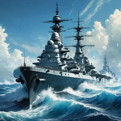 A white battleship with long naval guns cuts through the blue waves of the ocean, the blue sky,,scharnhorst,uss alabama,yamato,leberecht,tirpitz,jmsdf,battlecruisers,battleships,bismarck,fujima,kronpr