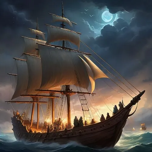 sea sailing ship,sail ship,galleon,sailing ship,caravel,tallship,pirate ship,whaleship,sailing ships,barquentine,merchantman,tall ship,ghost ship,longship,trireme,commandeer,privateering,three masted sailing ship,piracies,mayflower,Illustration,Realistic Fantasy,Realistic Fantasy 01