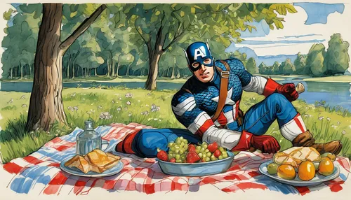 Sketch a lighthearted scene of Captain America enjoying a picnic in nature.,picnic,picnic basket,crudités,family picnic,captain america,apple picking,capitanamerica,steve rogers,summer fruit,barbeque,