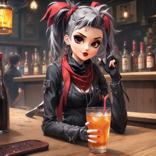 The female punk rock goth, clad in a red bandana and ripped jeans, stomps on a bottle of vodka bar in a dimly lit pub. He's oblivious to her own situation, holding a drink in one pliers. The other rev