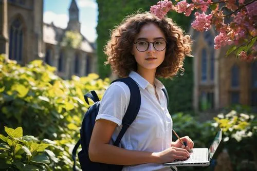 Female student, Cambridge School of Architecture, Landscape Design, solo, (20yo), glasses, curly brown hair, light makeup, white shirt, dark blue jeans, black sneakers, backpack, pencil case, papers, 