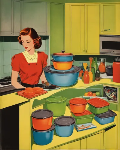 Design a tupperware catalogue that highlights stylish and space-saving containers perfect for a modern kitchen.,girl in the kitchen,domestic life,vintage kitchen,kitchenware,dishes,vintage dishes,dome