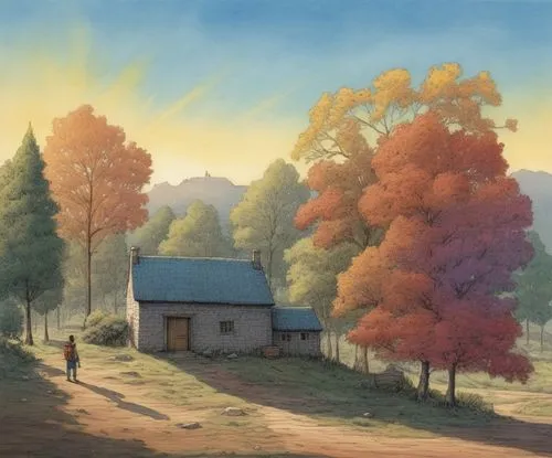 autumn landscape,fall landscape,autumn morning,rural landscape,one autumn afternoon,autumn scenery,autumn idyll,autumn background,home landscape,autumn day,in the autumn,the autumn,landscape background,farm landscape,autumn sun,church painting,autumn light,autumn trees,cottage,autumn,Illustration,Paper based,Paper Based 26