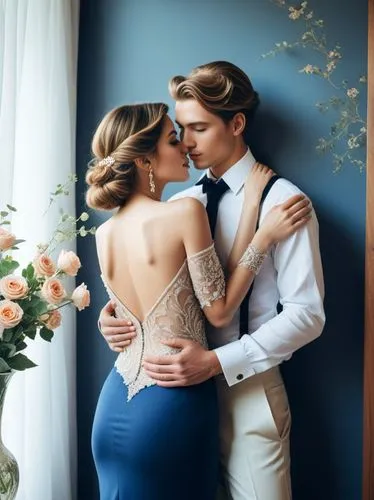 Create an elegant couple in love that will show off your best work.,a man and woman are standing next to each other,wedding photo,wedding frame,maxon,argentinian tango,wedding couple,beautiful couple