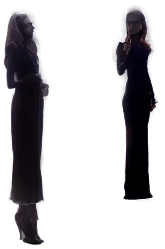 Two women, silhouetted, backlit, standing, slender figures, long hair, evening gowns, high heels, elegant poses, one hand on hip, subtle facial features, mysterious atmosphere, dark background, 3/4 co