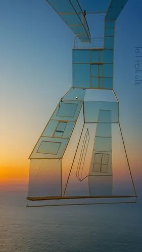 this glass sculpture can be seen during sunset or sunrise,container cranes,offshore wind park,sailing wing,shipping crane,cube stilt houses,oil rig,Photography,General,Realistic