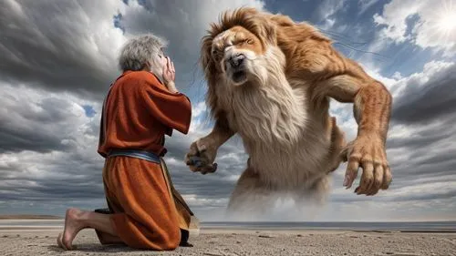 she feeds the lion,lion father,giant dog breed,two lion,biblical narrative characters,king lear,shamanic,human and animal,shamanism,great pyrenees,pyrenean shepherd,the good shepherd,ancient dog breed