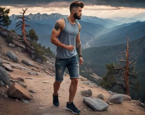 Realistic, detailed bristlecone pine tattoo, forearm, male, athletic build, short hair, beard, sleeveless shirt, ripped jeans, sneakers, standing, mountain trail, rocky terrain, cloudy sky, misty atmo