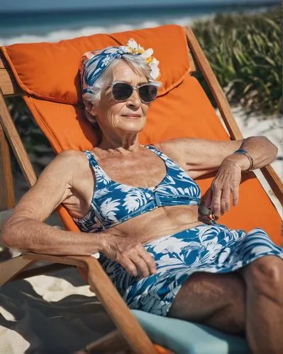 Old lady, mature woman, relaxed posture, eyes closed, gentle smile, wrinkled skin, silver hair, sunglasses, floral swim cap, bright orange swimsuit, beach towel wrapped around waist, lying on a comfor