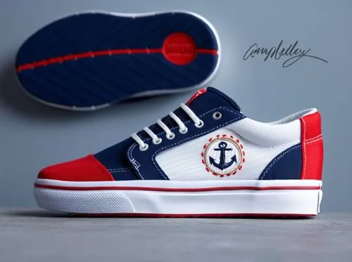 Canvas sneaker, "canvas patch  with embossed anchor" on vamp, all navy with red  color scheme, "red toe cap", "white sole "with "red bottom" trim,Custom boat shoe ,nautical,nautical colors,yacht club,