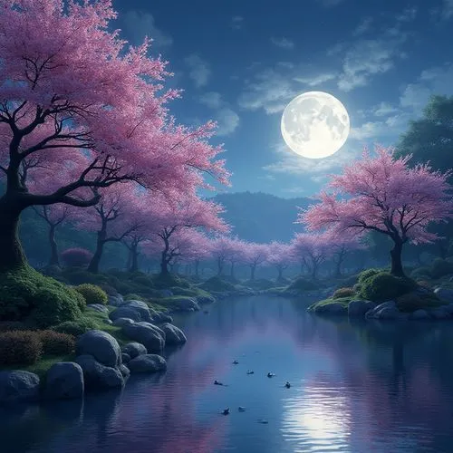 moonlit night,japanese sakura background,fantasy picture,landscape background,nature wallpaper,moonlit,Photography,General,Realistic