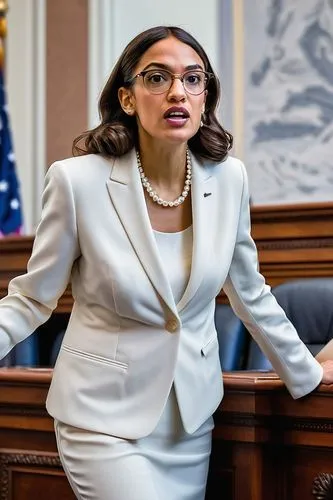 Alexandria Ocasio-Cortez, congresswoman, mature lady, solo, (30s), curly brown hair, minimal makeup, glasses, pearl necklace, formal suit, white blouse, high heels, confident posture, speaking, podium