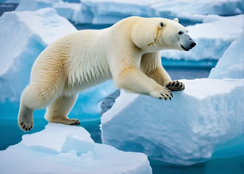 Polar Bear (Ursus maritimus) leaping between melting sea icebergs near Harbour Islands, Repulse Bay, Nunavut Territory, Canada. ,icebear,polar bear,ice bears,polar bears,ice bear,polar,sea ice,arctic 