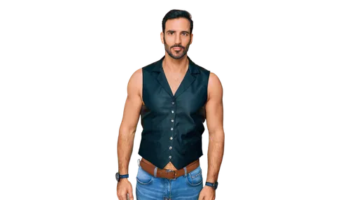 Mature Spanish man, 35yo, strong facial features, thick eyebrows, short black hair, stubble beard, brown eyes, wrinkles around mouth, white shirt, black waistcoat, dark blue jeans, leather belt, silve