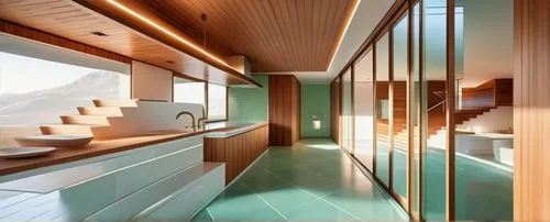 Mint tiles with white stripes on the floor, wooden panels on the ceiling, warm colored lights on the lighting, ivory faucets, delicious food, sunlight outside the window.,luxury bathroom,wooden sauna,