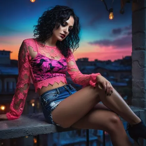 rosa bonita,sky rose,on the roof,rooftops,colorful floral,bella rosa,romantic portrait,neon body painting,rooftop,paris balcony,pink dawn,romantic look,tattoo girl,ipê-rosa,sunset glow,roof top,see-through clothing,neon candies,neon light,havana,Photography,General,Fantasy