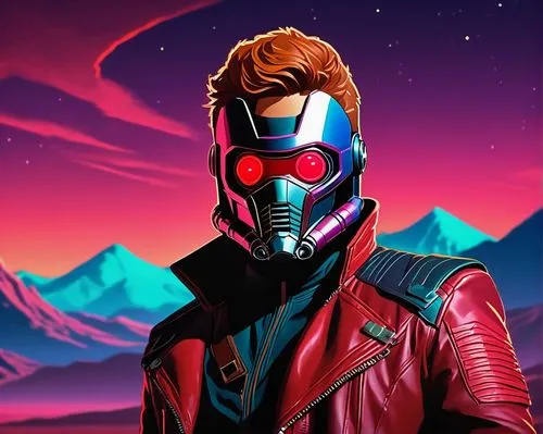 star-lord peter jason quill,pyro,nuka,terminator,vector art,red background,Conceptual Art,Sci-Fi,Sci-Fi 12