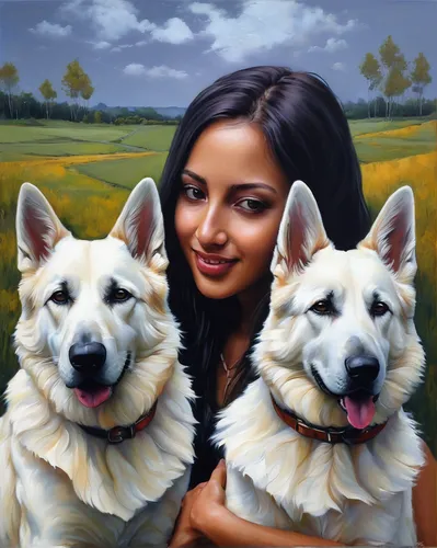 Joanne-Glover_White-German-Shepherds,girl with dog,huskies,oil painting on canvas,three dogs,canines,oil painting,dog breed,carpathian shepherd dog,indian spitz,art painting,american eskimo dog,alsati