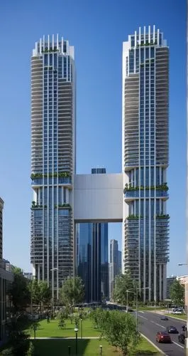 A photorealistic image of a city with towering skyscrapers reaching towards a vibrant blue sky. The city is bustling with life, with cars and pedestrians moving through the streets. The buildings are 