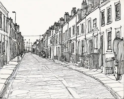 the cobbled streets,townscape,old street,lovat lane,row of houses,townhouses,shaftesbury,old linden alley,row houses,houses clipart,narrow street,terraced,york,greystreet,notting hill,cobbles,eastgate street chester,otley,mono-line line art,line drawing,Illustration,Retro,Retro 22