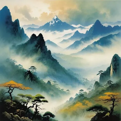 huangshan,mountain landscape,mountainous landscape,mountain scene,huangshan mountains,haicang,huashan,yellow mountains,guishan,yunnan,huanglong,landscape background,xiangshan,japanese mountains,hushan,yangshao,zhangjiagang,wenhao,yiping,liangshan,Illustration,Paper based,Paper Based 12