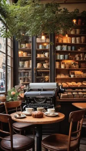 Cozy nostalgic cafe, warm lighting, wooden tables, vintage chairs, antique decorations, old-fashioned cash register, steaming cups, aromatic coffee, delicious pastries, bookshelves, soft jazz music, a