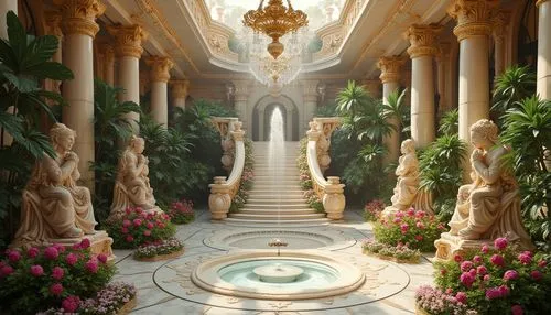 marble palace,conservatory,hallway,theed,palladianism,floor fountain,pillars,garden of the fountain,corridor,hall of the fallen,vittoriano,jardiniere,versailles,secret garden of venus,arcadia,botanique,ritzau,palatial,garden of eden,montecarlo,Photography,General,Realistic