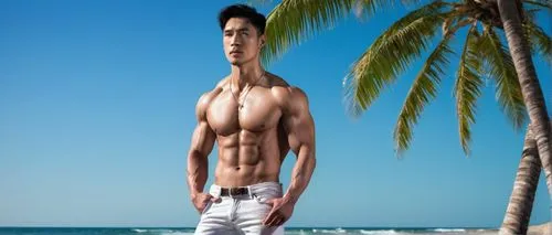 Asian male, muscular physique, defined abs, strong jawline, short black hair, piercing brown eyes, subtle facial hair, sleeveless white shirt, low-rise jeans, bare feet, standing pose, one hand on hip