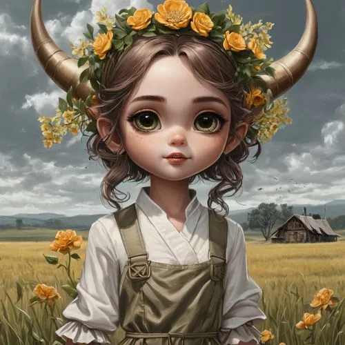 fantasy portrait,faun,goatflower,flower girl,spring unicorn,ovis gmelini aries,jessamine,little girl fairy,capricorn,girl in a wreath,milkmaid,girl picking flowers,fae,faery,agnes,faerie,girl in flowers,elven flower,horned,custom portrait,Conceptual Art,Fantasy,Fantasy 33