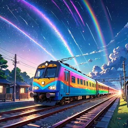 galaxy express,spaceliner,sky train,electric train,eurotrain,electrification,amtrak,light trail,long-distance train,last train,velaro,rainbow and stars,transwa,bullet train,tgv,train,high-speed train,queensland rail,tanabata,train of thought,Anime,Anime,Realistic