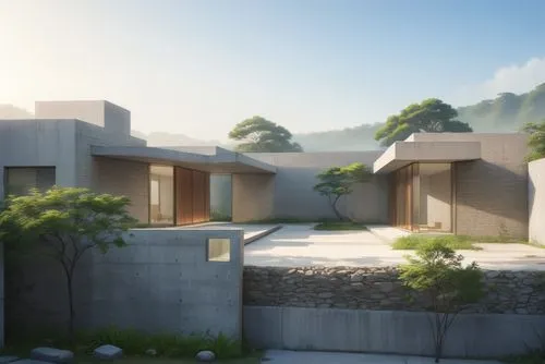 the exterior of an art museum with stone walls,3d rendering,amanresorts,ryokan,cubic house,asian architecture,concrete blocks,Anime,Anime,Traditional