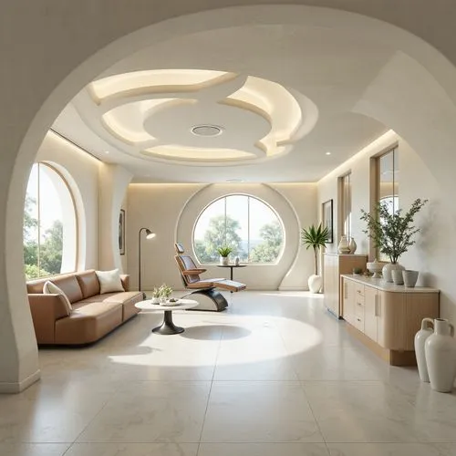 Blob-like dental clinic, curved walls, irregular shapes, calming ambiance, soft pastel colors, matte finish, acrylic surfaces, rounded edges, minimalist decor, natural light, indirect lighting, ambien