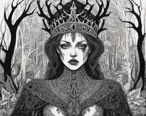 crow queen,queen of the night,dryad,queen cage,the snow queen,the enchantress,priestess,tree crown,blackmetal,the crown,queen crown,gothic portrait,crown,celtic queen,crowned,imperial crown,gothic woman,crowning,crowns,throne,Illustration,Black and White,Black and White 11