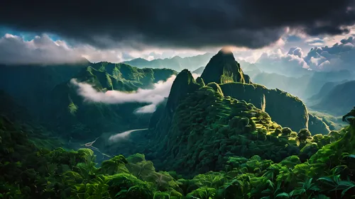 mountainous landscape,machupicchu,huangshan mountains,mountain landscape,machu picchu,fantasy landscape,mountainous landforms,giant mountains,landscape background,the landscape of the mountains,karst landscape,valdivian temperate rain forest,yellow mountains,mountain scene,huangshan maofeng,nature landscape,vietnam,high mountains,rain forest,mountains,Photography,General,Fantasy