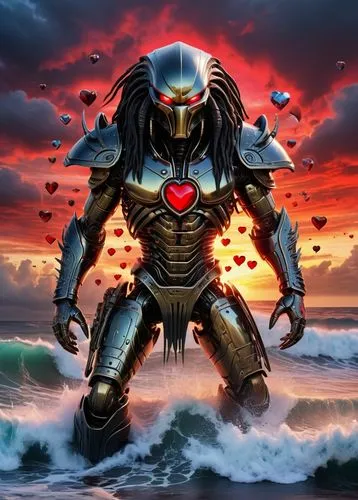 ((transparent cartoon alien warrior "predator" , surf big wave spiral crystal fibonaci black and white, lots of red hearts in sky)). Sunset and lightning with lots of birds,.This transformation is cap