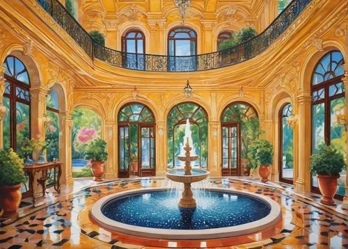 alcazar of seville,floor fountain,venetian hotel,paradores,botero,montecarlo,marble palace,orangerie,palladianism,ballroom,hacienda,emirates palace hotel,ritzau,water palace,hotel lobby,palaces,macau,conservatory,persian architecture,alcazar,Conceptual Art,Daily,Daily 31