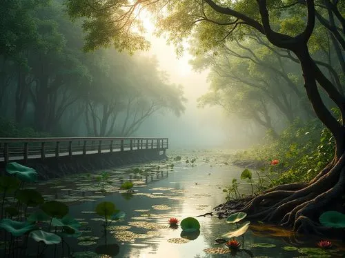 Wetland inspirations, nature meets design, serene atmosphere, misty morning, shallow water reflections, lush greenery, twisted mangrove roots, delicate lotus flowers, soft sunlight filtering through f