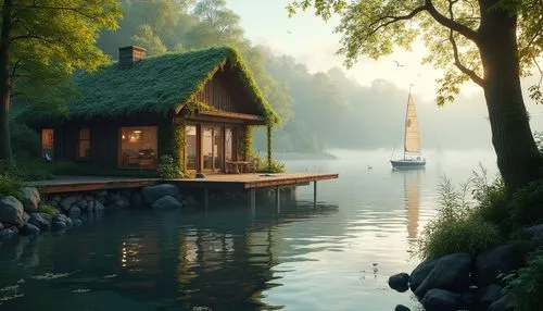 house with lake,house by the water,boathouse,summer cottage,cottage,boat house,boat landscape,houseboat,floating huts,fisherman's house,house in the forest,small cabin,home landscape,world digital painting,houseboats,wooden house,idyllic,boat shed,fantasy picture,forest lake,Photography,General,Realistic