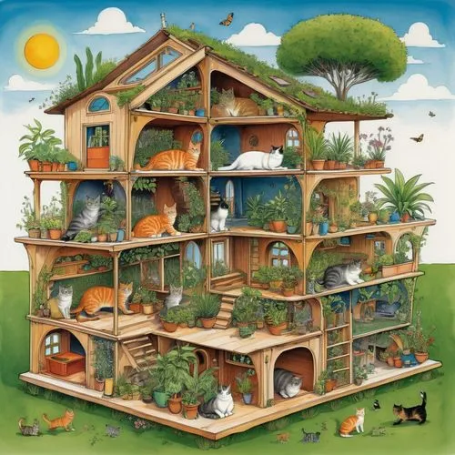 animal tower,a chicken coop,bird house,cattery,ecovillages,chicken coop,Illustration,American Style,American Style 01