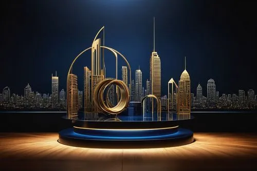 Modern architectural design award trophy, sleek metallic structure, golden color, intricate details, pedestal base, circular shape, elegant font, "Design Excellence" engraved, stage lighting, dark blu