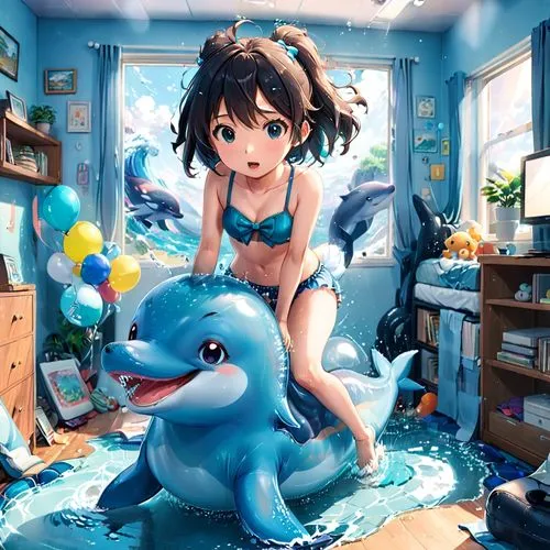 aqua studio,girl with a dolphin,blue room,anime 3d,suzumiya,studio ghibli,Anime,Anime,Realistic