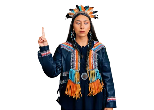 Native American woman, traditional headdress, feathered accessories, dark skin, almond-shaped eyes, nose ring, braided long black hair, colorful tribal clothing, fringed leather jacket, beaded necklac