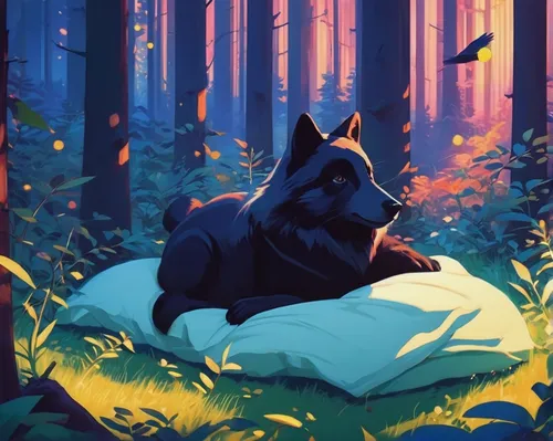 low poly,wolf couple,low-poly,forest animal,forest background,dog illustration,two wolves,sleeping bear,resting,bear guardian,dusk background,cuddling bear,forest,wolves,idyll,in the forest,forest animals,napping,blue pillow,forest of dreams,Conceptual Art,Fantasy,Fantasy 19