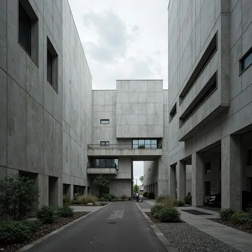 Bare concrete walls, rugged textures, industrial aesthetic, brutalist architecture, fortress-like structures, raw unfinished surfaces, urban landscape, cloudy grey skies, dramatic shadows, high-contra