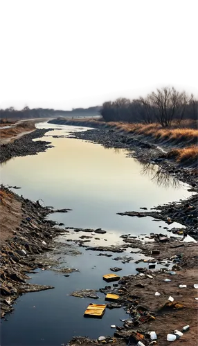 Polluted landscape, dead trees, littered trash, plastic bottles, broken glass, rusty cans, oil drums, polluted river, murky water, industrial waste, smoky factories, abandoned vehicles, cracked earth,