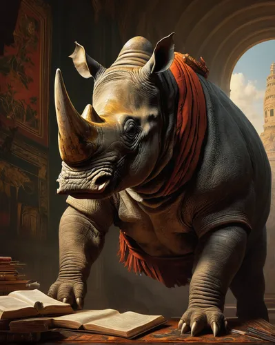 rhinoceros,rhino,southern square-lipped rhinoceros,indian rhinoceros,black rhinoceros,hippopotamus,white rhinoceros,black rhino,uintatherium,triceratops,pachyderm,world digital painting,elephant,whimsical animals,dwarf armadillo,anthropomorphized animals,sci fiction illustration,circus elephant,elephantine,fantasy art,Art,Classical Oil Painting,Classical Oil Painting 37