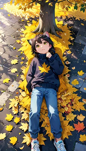 a cute cat, lying and posing on the ground, wearing a sweater and sneakers, full of yellow leaves falling from the tree

Pixar 3D style,falling on leaves,fallen leaves,autumn background,fallen leaf,au