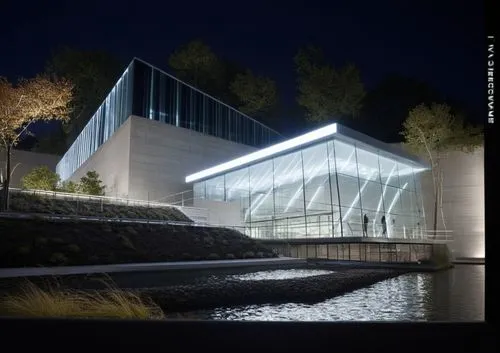 a lit building by water with trees in the background,vmfa,gulbenkian,otaru aquarium,embl,futuristic art museum,aqua studio,Conceptual Art,Sci-Fi,Sci-Fi 09