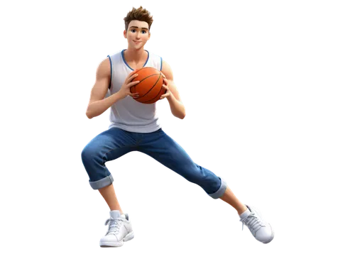 Sampiyon Sintomas, young adult, male, athletic build, short spiky hair, bright blue eyes, gentle smile, white sleeveless shirt, dark blue jeans, sports shoes, holding basketball, dynamic pose, strong 